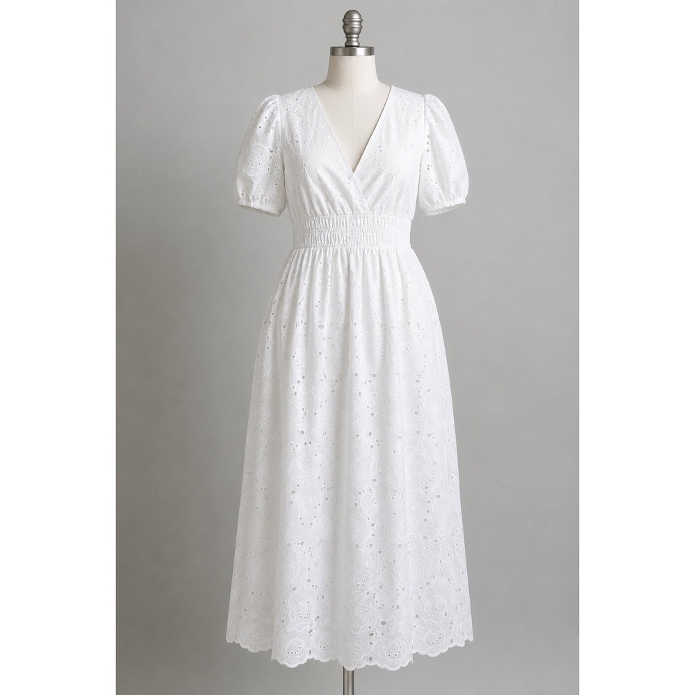 A New Day White Eyelet Midi Dress XS Pockets Cottagecore Boho Summer V-Neck New